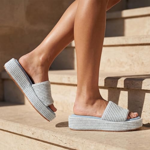 Image of Monrovia Platform Sandals Women Raffia Espadrille Slides, Woven Straw Flatform Beach Sandals Women, Slip On Summer Vacation Shoes, Comfortable Casual Daily Wear