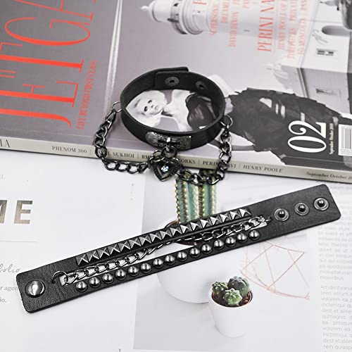 NIGHTCRUZ Punk Leather Chain Bracelet, Goth Leather Wristband with Heart, Rock and Roll Bracelet for Men Women3