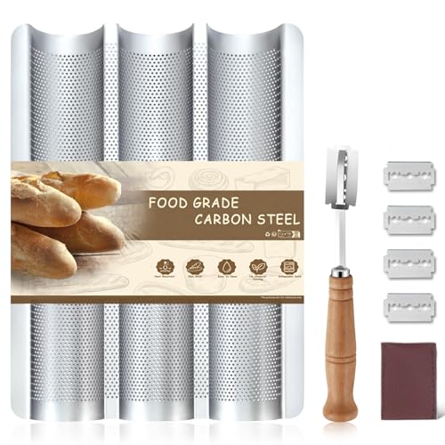 Pleafind Baguette Mould for 3 Baguettes with Non-Stick Coating Baguette Baking Tray with 3 Slots Deep Fluted Perforated Baguette Tray Baguette Mould Bread Baking Accessories (Silver)