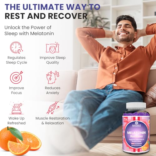 Image of NATURYZ Yummeez Melatonin 10mg Gummies for Sleep - Non-Addictive | No Added Sugar | Valerian Root, Chamomile | Enhance Sleep Quality for Restful Nights, Wake Up Fresh & Energetic - 50 gummies(Orange Flavour)