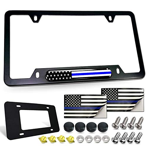 Police Thin Blue Line License Plate Frame-American Flag Patriotic Car Tag Holder, USA Black Aluminum Bracket with Screw, Cap Covers, Decal, Novelty Gift for Law Enforcement, 1 Pack