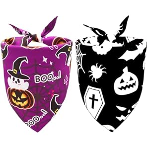Halloween Dog Bandanas,Pumpkin and Cute Ghost Pet Scarf,Seasonal Outfit for Boy and Girl Dogs,Reversible Holiday Dog Costume for Medium to Large Dogs(2PCS,Purple,Black&White)