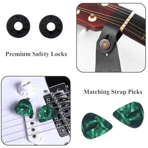 Image of Adjustable Guitar Strap Includes 2 Strap Locks & 2 Matching Picks & 1 Picks Holder & 1 leather Strap Button.