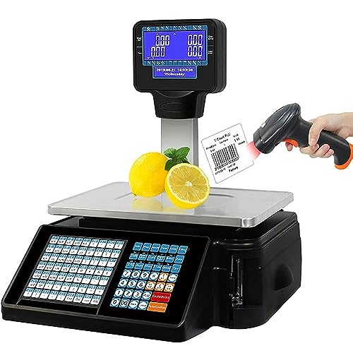 Báscula comercial con impresora de etiquetas y caja registradora