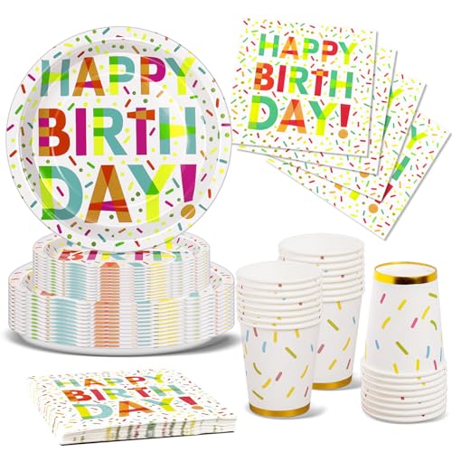 Nkaiso Anniversaire fête thème Vaisselle, 96Pcs Colorée Fournitures fête d'anniversaire Enfants, Papier Vaisselle fête Assiettes Papier Serviettes...