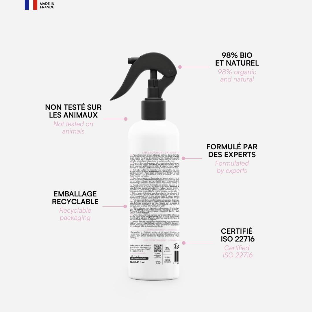 Biogance - Démêlant Xtra Liss - 250 ML - Produit de Soin et d'hygiène pour Chat - A Base de protéine de Riz - Convient aux Chats à Poils Longs - Made in France