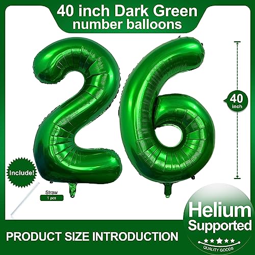 Image of Number 26 Dark Green Balloons 40 Inch Giant Green 26 or 62 Numer Foil Helium Balloons for 26th Dark Green Birthday Party Supplies 62th Anniversary Events Decorations