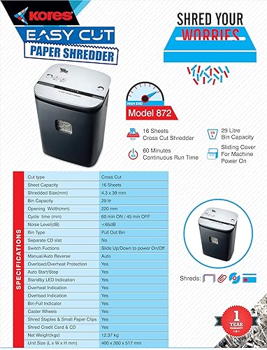 Image of Kores Easy Cut 872 Paper Shredder | 16-Sheet Cross Cut (P4) | 60 Min Continuous Run | Low Noise (≤65 dB) | 29L Large Bin | Professional Office Shredder | Made in India