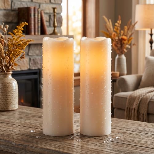 Image of GenSwin Outdoor Flameless Candles Battery Operated Waterproof Remote | IP65, White, Flickering LED Candles, Large Pillar Candles Lantern Porch Patio Garden Decor, 4 inch x 14 inch, 2 /4 /6 /8 Timer, 2 Pack