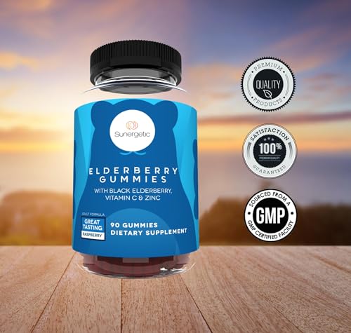 Image of Sunergetic Premium Black Elderberry Gummies - Black Elderberry with Vitamin C & Zinc - Helps Support Immune System - Great Tasting Sambucus Elderberry Gummies - Raspberry Flavored - 90 Gummies