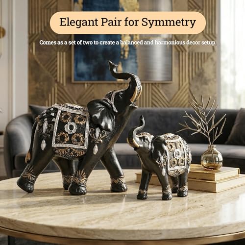 Image of Kuber Industries Set of 2 Elephant Figurines Idol for Home Decor | 6x5.5 Inch Resin Vastu Wealth, Prosperity Gift for Diwali & Housewarming | Black & Golden