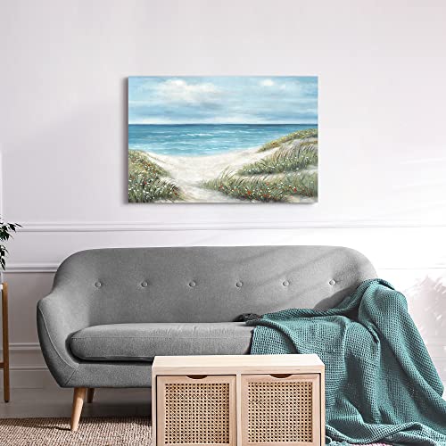 Abstract Beach Canvas Wall Art: Ocean Pathway Painting Blue Sea Scenery Print Modern Coastal Landscape Hand Painted Relaxing Seascape Picture Seaside Shoreline Natural Artwork For Bedroom #TOP4
