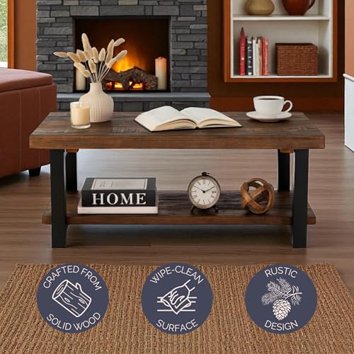Image of Alaterre Furniture Pomona Rustic Coffee Table with Storage Shelf - 42-Inch Industrial Modern Metal and Solid Wood Living Room Table - Easy Assembly Farmhouse Living Room Furniture (Rustic Natural) | Rectangular Center Table with Storage Shelf and Metal Legs, Rustic Industrial Farmhouse Living Room Furniture