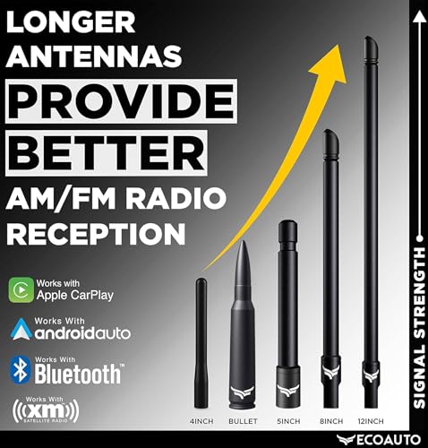 Image of EcoAuto 50 Cal Bullet Antenna for Ford F150 F250 F350 & Dodge Ram & Ford Raptor Bronco - Instantly Upgrade Your Truck Look with F150 Antenna - Anti-Theft Antenna Topper - Matte Black Bullet Antenna