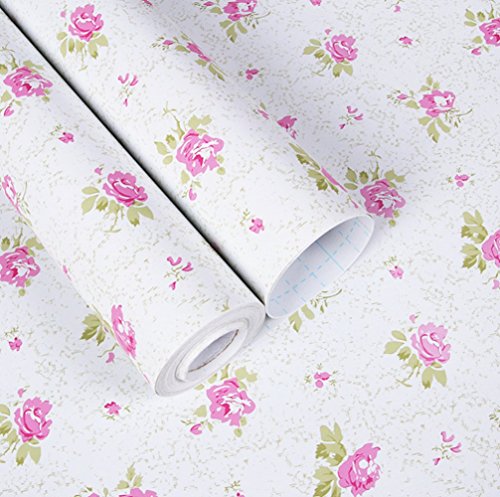 REDODECO Pretty Rose Flowers Paper Shelf Liner Peel & Stick Dresser Drawer Sticker Wallpaper 17.7inch by 16.5ft (White-Rose)