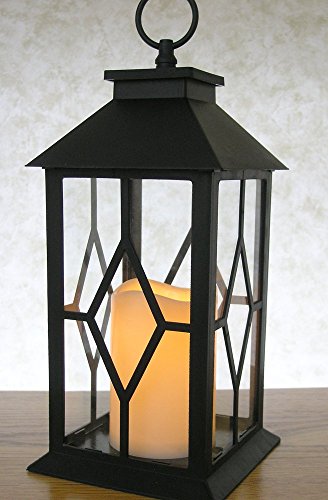 BANBERRY DESIGNS Decorative Black Lantern - Indoor/Outdoor Lantern with a Flameless LED Pillar Candle and 5 Hour Timer - Outdoor Lighting - 13