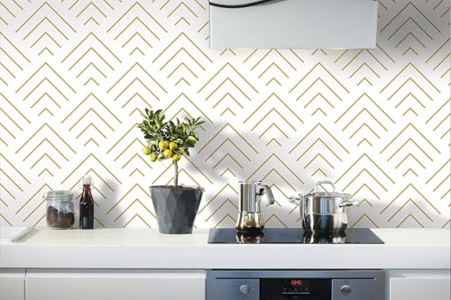 Image of TEKCOOL Self Adhesive Wallpaper White and Gold Pattern Peel and Stick Wallpaper Gold Lines Geometric Sticky Back Vinyl Removable Contact Paper Wall Covering Decorative Film DIY 45x300cm (White-2pc);