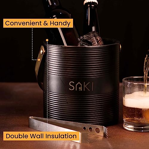 Image of SAKI | Black and Gold Ice Bucket with Tong - 1500 ml | Stainless Steel Double Walled Insulated | Ice Bucket for Bar & Home | Ripple Design Ice Bucket | Perfect for Gifting
