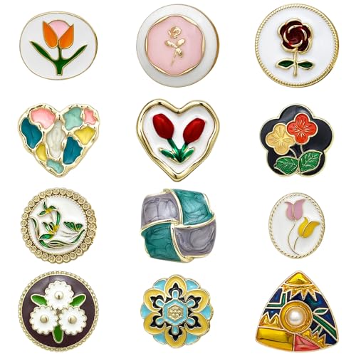 Sxutop 12 Piezas Vintage Aleación de Esmalte Botones de Vástago con Motivos de Flores Mujer Retro Oro Botón Decorativo de Costura para Bisutería, Manualidades, Ropa, Bolsos, Camisas y Bufandas