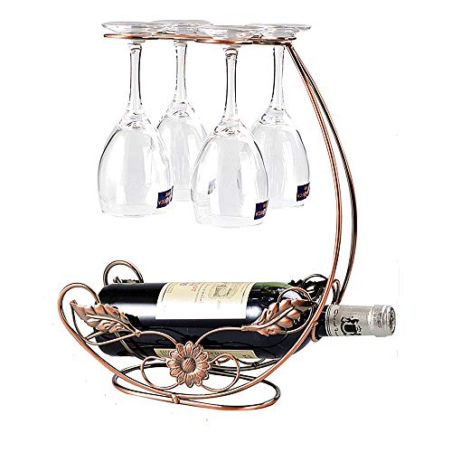 Homye Wine Bottle and Glasses Rack Counter or Table Top Free Standing Countertop Metal Wine Rack Holder for One Wine Bottle and Four Glasses