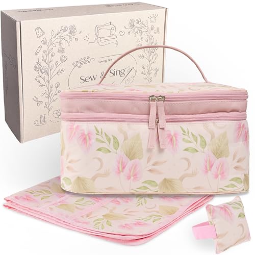 Askellar® Costurero Grande Vacío con 4 Capas de Almacenamiento y Separadores Internos, Bolsa de Costura con Alfiletero y Alfombrilla con 6 Bolsillos para Máquina de Coser, Costureros Completos