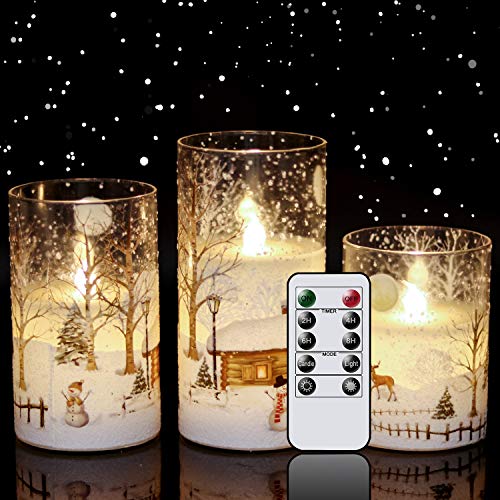 Weihnachtsdeko im großen Glas 29 Eldnacele, LED-Stumpenkerzen im Glas mit Schneemann-Motiv, flackernd,...