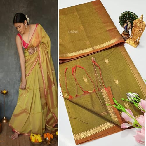 Image of Original Maheswari Cotton Silk Saree for Women | Kanjivaram Pure Silk Cotton Sari with Blouse | Zari Work | Tassels | Handloom Weave
