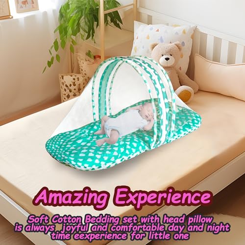 Image of VParents Rosy Green Cotton Bedding Set & Mosquito Net