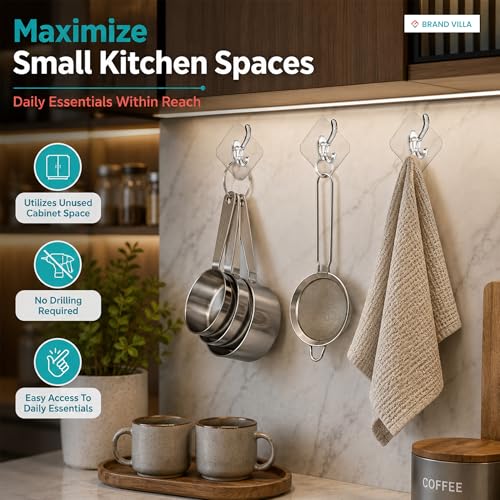 Image of BRAND VILLA Self Adhesive Wall Hooks Pack of 20 | Heavy Duty Transparent Waterproof No Drill Sticky Hooks for Bathroom Kitchen Home | Utility Hooks for Towels Keys Clothes Bags Robes