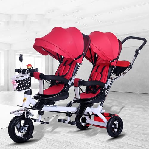 Triciclo Infantil, Triciclo gemelar Cuatro en uno para niños, Bicicleta de Pedales de Dos plazas, Cochecito con Parasol, Manillar Trasero extraíble/Pedales retráctiles(Red)