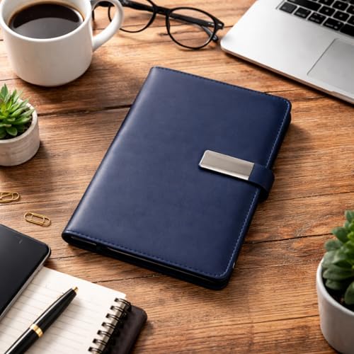 Image of A5 Leather Diary for Men & Women | Premium Refillable Ring Binder Notebook with 192 Ruled Pages | Magnetic Closure Office Diary, Planner, Personal Journal & Writing Notebook (Navy Blue)