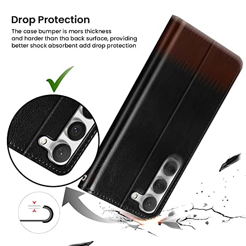 Image of FLIPPED Vegan Leather Flip Case Back Cover for Samsung Galaxy S23 5G (Flexible, Shock Proof | Hand Stitched Leather Finish | Card Pockets Wallet & Stand | Black with Brown)