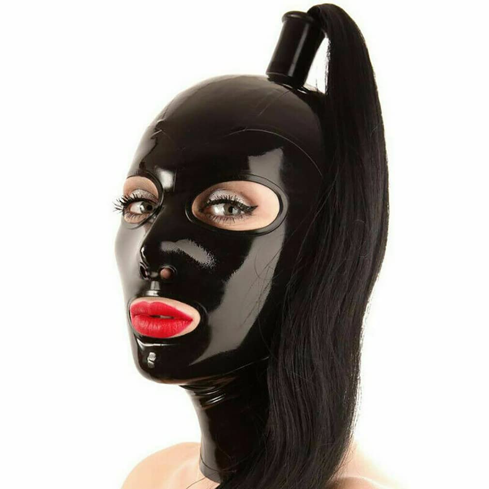 Buffny Halloween Hood full face masker,Latex Head Cover Mask With Zipper and long ponytail for Party Nightclub Prom Cosplay Fetish,100% natural latex,Elastic Comfort,breathable-black||M