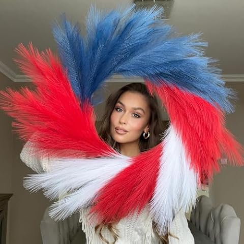 VOULUX Fluffy Artificial Large Faux Pampas Grass Wreath 27" Patriotic Modern Feather Boho Wreath Indoor Wreaths Farmhouse Wreath Wall Decor Baby Sea Grass Wheat Wreath Patriotic Wreaths For Front Door Cover
