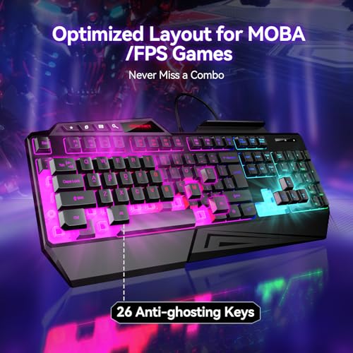 TECKNET Wired RGB Gaming Keyboard - 26-Key Anti-Ghosting, 13 Lighting Modes, Spill-Resistant, 108 Membrane Keys, Plug & Play - with Ergonomic Wrist Rest & Phone Holder for Windows/Mac (Black) - Image 3