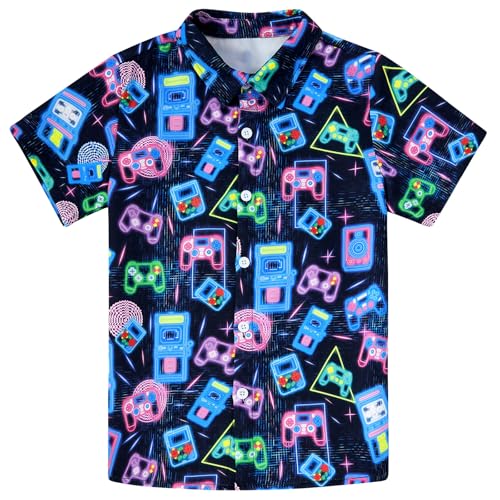 Image of uideazone Boys Hawaiian Shirts Novelty Printed Funky Short Sleeve Button Down Shirt Kids Aloha Luau Shirt 7-14T