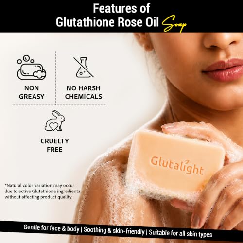 Image of Glutalight Glutathione Rose Oil Soap with Kojic Acid, Niacinamide, Vitamin C & Rosehip Oil for Dark Spots, Pigmentation & Radiant Glow - Korean Skincare Bathing Bar for Women & Men, 100g x 3