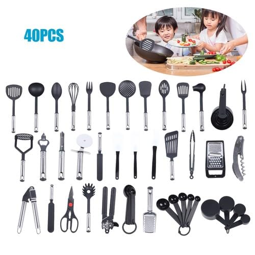 Lot de 40 ustensiles de cuisine antiadhésifs avec poignée en acier inoxydable, passent au lave-vaisselle, ustensiles de cuisine en nylon et acier inoxydable