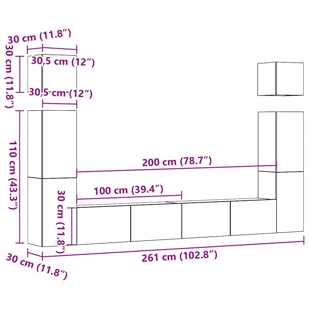 Set di 6 mobili per TV, montaggio a parete, effetto legno anticato, con vano portaoggetti, per soggiorno, credenza