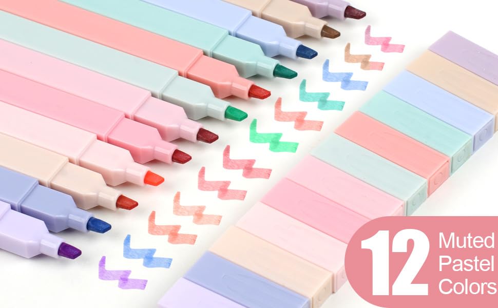 Image of 12Pcs Aesthetic Cute Highlighters, Bible Pastel markers and Pens, No-Bleed School Supplies and Office Journal DIY Home || Two Side Highlighters Pen | Pack Of 12 |
