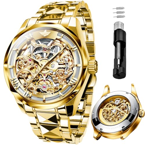 Image of OUPINKE Automatic Watch for Men Self Winding Skeleton Mechanical Luxury Tungsten Steel Bracelet Waterproof Date Day Wrist Watches