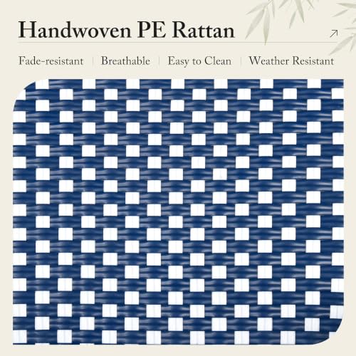 Image of PURPLE LEAF Outdoor Dining Chair Set of 4 Patio French Aluminium Frame in Bamboo Finish with Navy Blue & White Woven Rattan for Kitchen Deck Bistros Cafe Restaurant