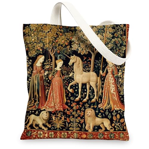 Sacs fourre-tout médiévaux en toile, motif tapisserie vintage, sacs de courses réutilisables, légers et lavables avec bandoulière pour salle de sport,...