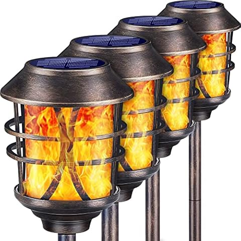 TomCare Solar Lights Metal Solar Torch Lights Flickering Flame Outdoor Lighting Decorative Landscape Pathway Garden Lights Waterproof Solar Powered Dusk to Dawn Auto On/Off for Patio Yard Pool 4 Pack Cover