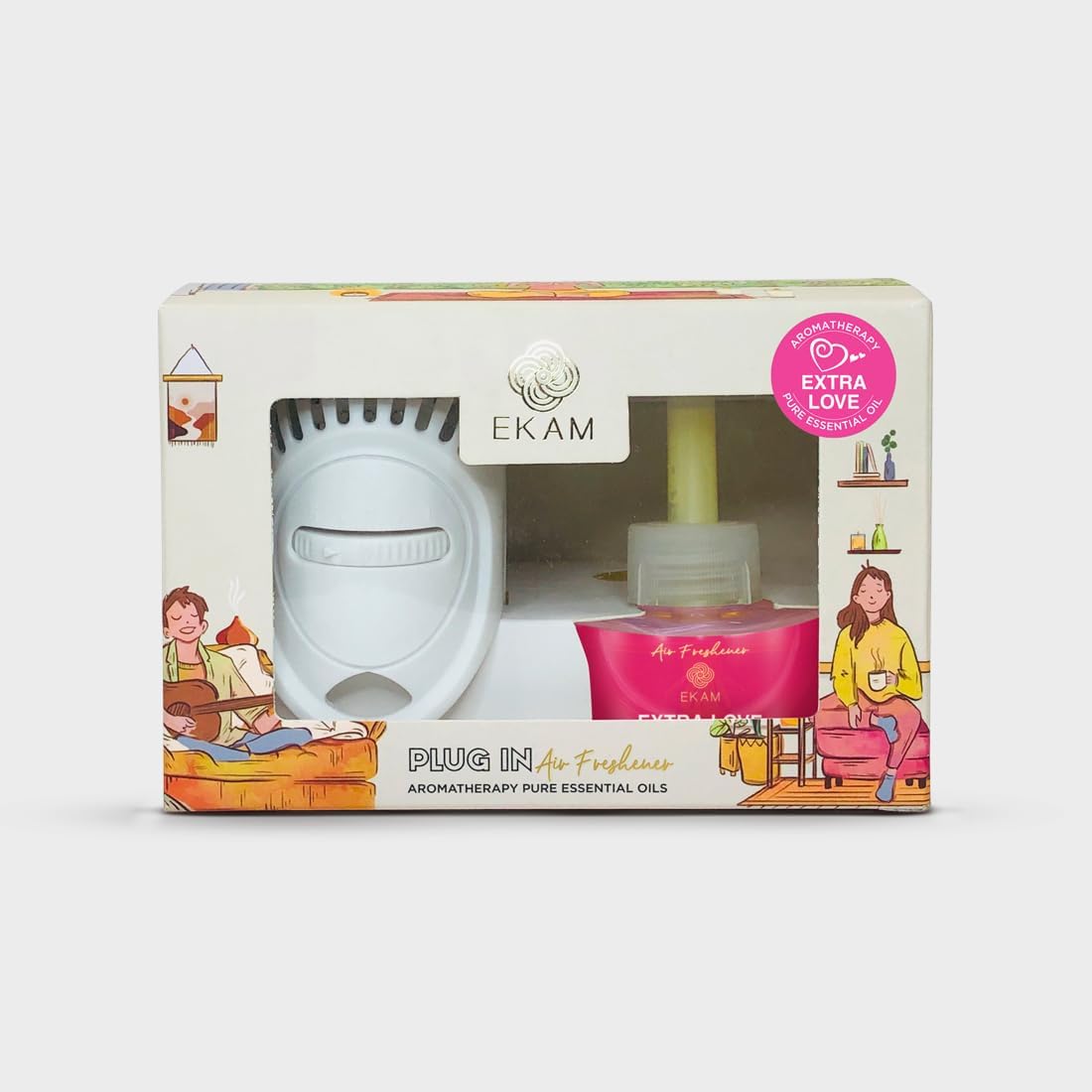 EKAM Plastic Extra Love Aroma Air Freshener Plug-In Kit | Ideal For Home, Office, Gym, Shop & Bathroom | ECO Friendly | (Package Contains - 1 Warmer + 1 Refill) For Depression Support