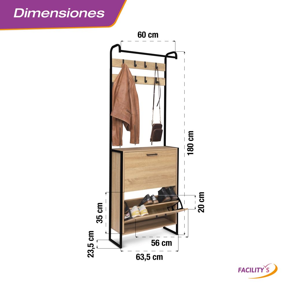FACILITYS - Zapatero con 2 puertas para 12 pares con perchero de metal y efecto madera - 180 x 63,5 x 23,5 cm - Zapatero Entrada Recibidor - Burro Ropa - Barra de Colgar - Estilo Vintage