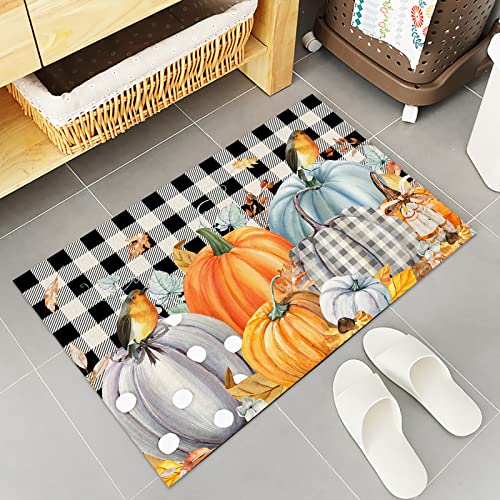 Fall Kitchen Rugs Set Of 2 Orange Pumpkin Black And White Buffalo Plaid Farmhouse Thanksgiving Kitchen Mat Non-Slip Kitchen Runner Rug For Hallway Entryway Floor Carpet Fall Home Decor 16X24In+16X47In #TOP4