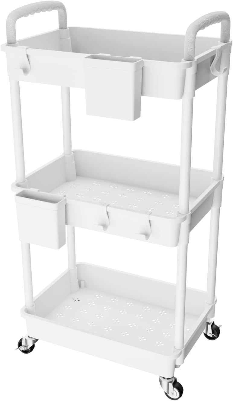3 Tier Rolling Utility Cart with Handle,REBECAT Utility Cart Made of Multifunctional Storage Organizer Tool for Kitchen,Bathroom,Living Room,Office(White) White 3 Tier With Handle