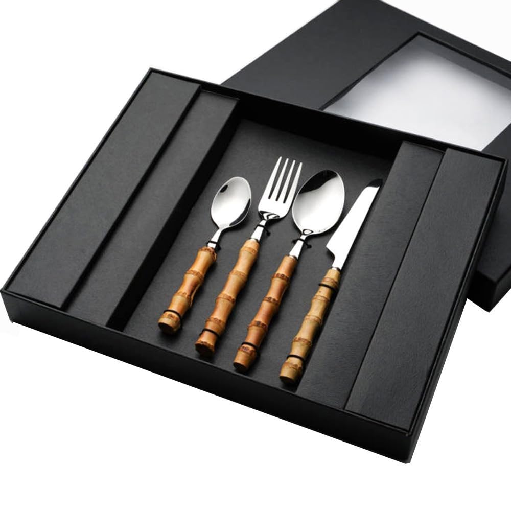 Lot de 20 couverts avec manche en bambou et acier inoxydable - Couteaux, fourchettes, cuillères, couteau à steak et cuillère à dessert - Coffret cadeau inclus