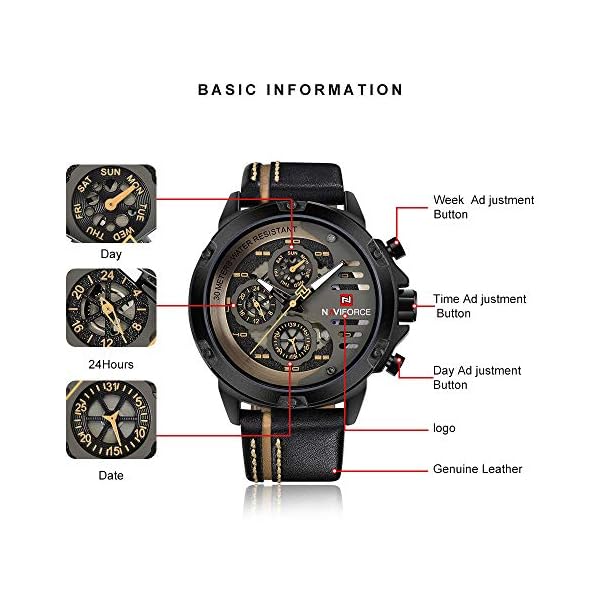 Sport Military Watches for Men Waterproof Watch Analog Quartz Leather Band Date Calendar Clock Wristwatch (Black+Yellow+Brown) - Image 4